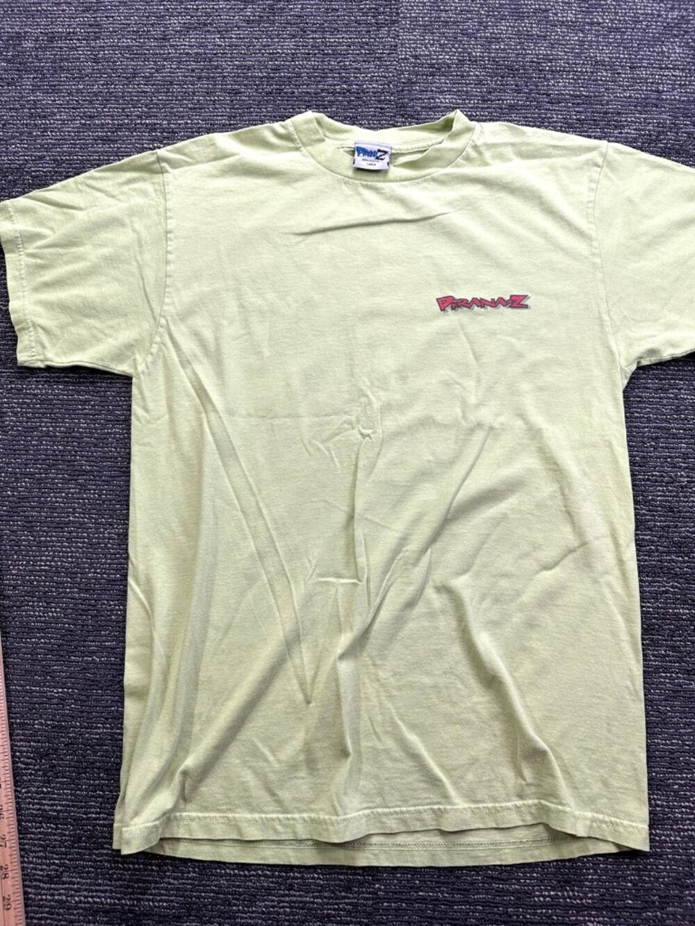 Piranaz Vintage 90s Graphic T-Shirt Mens L Yellow Green Fish Flame Made USA
